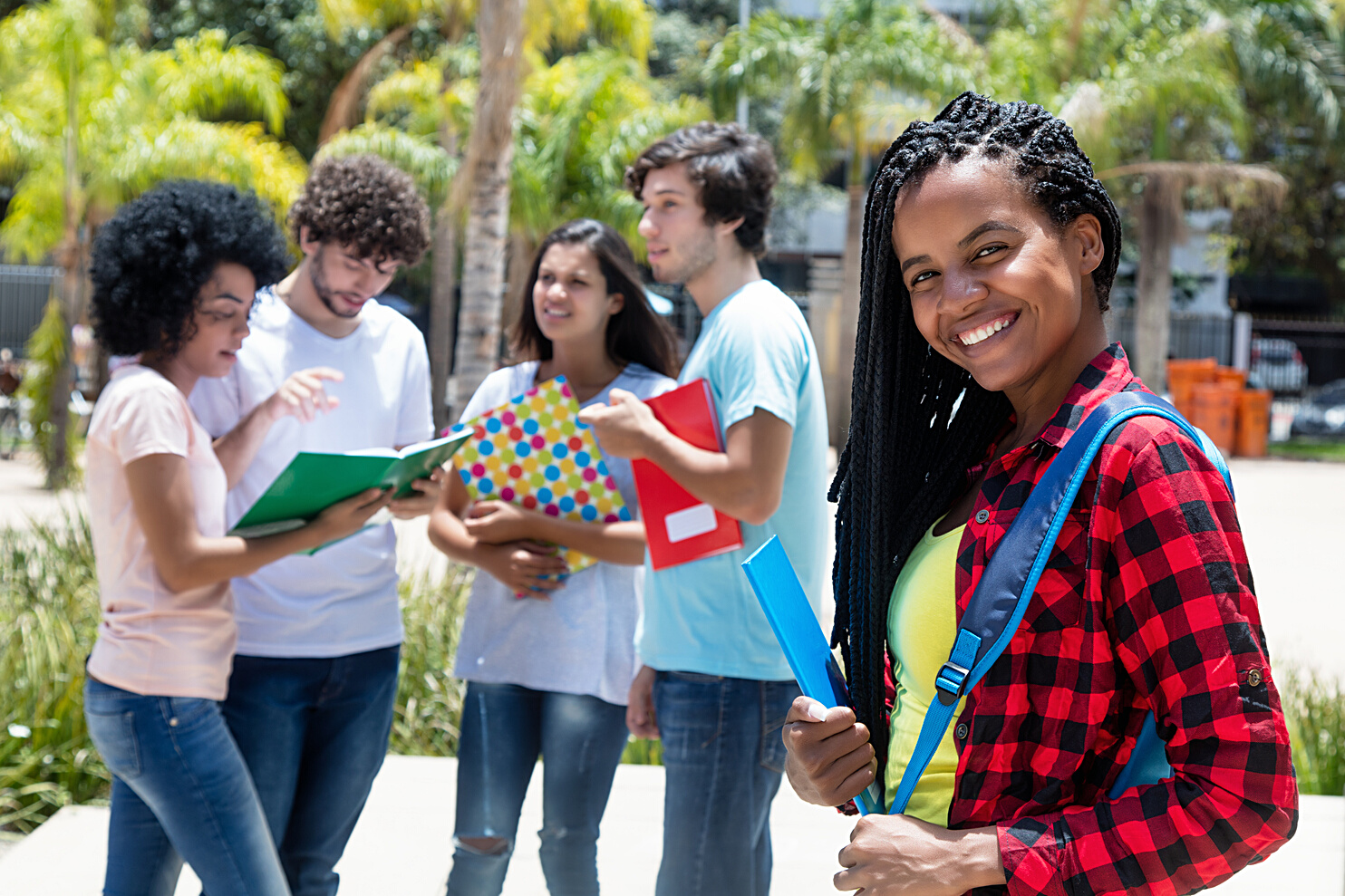 African american scholarship student with group of international students